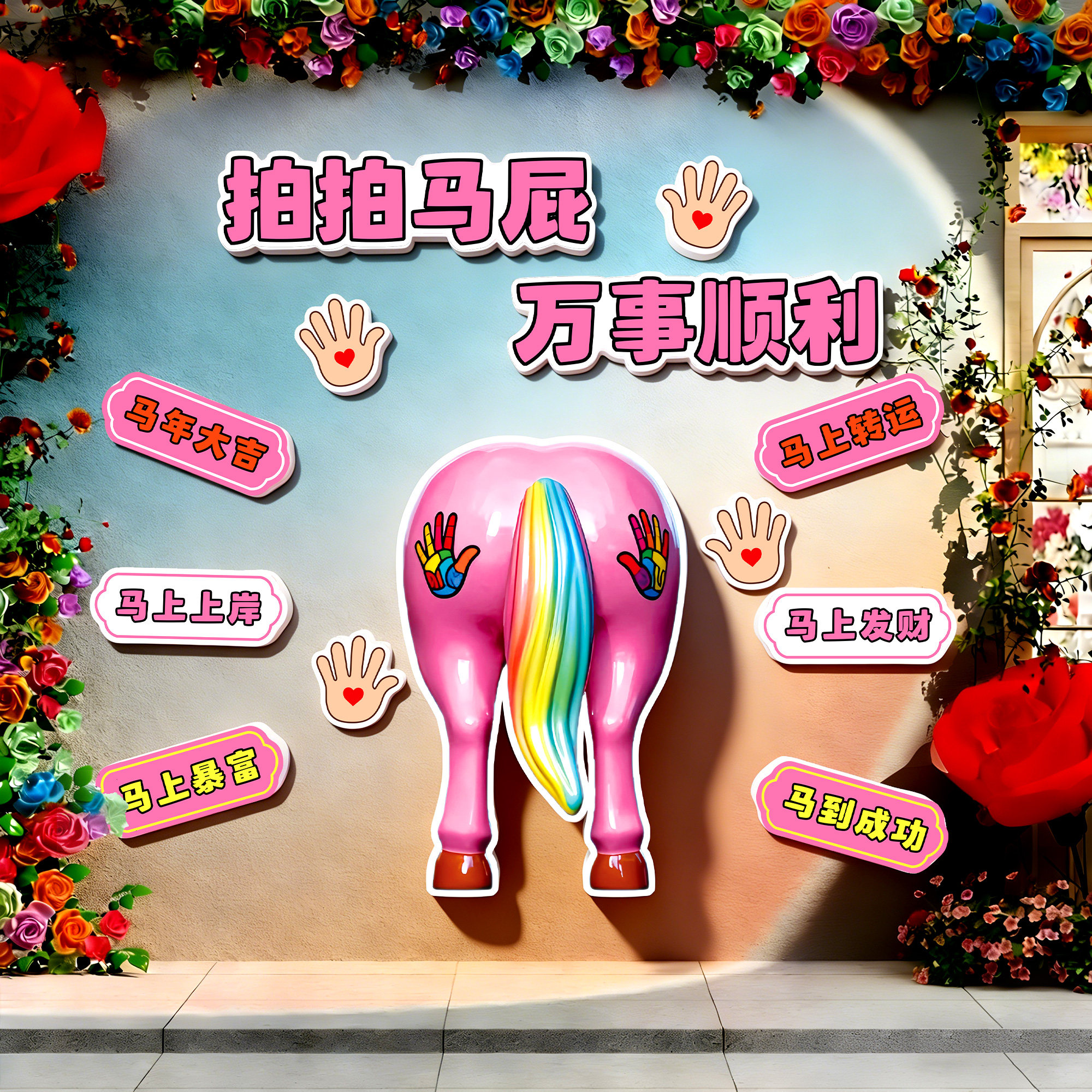 拍马屁打卡墙2026新年快乐贴氛围布置装饰品过春节网红小院造景场,家居饰品,软装墙贴,淘宝优惠券,粉丝福利购,淘宝优惠卷