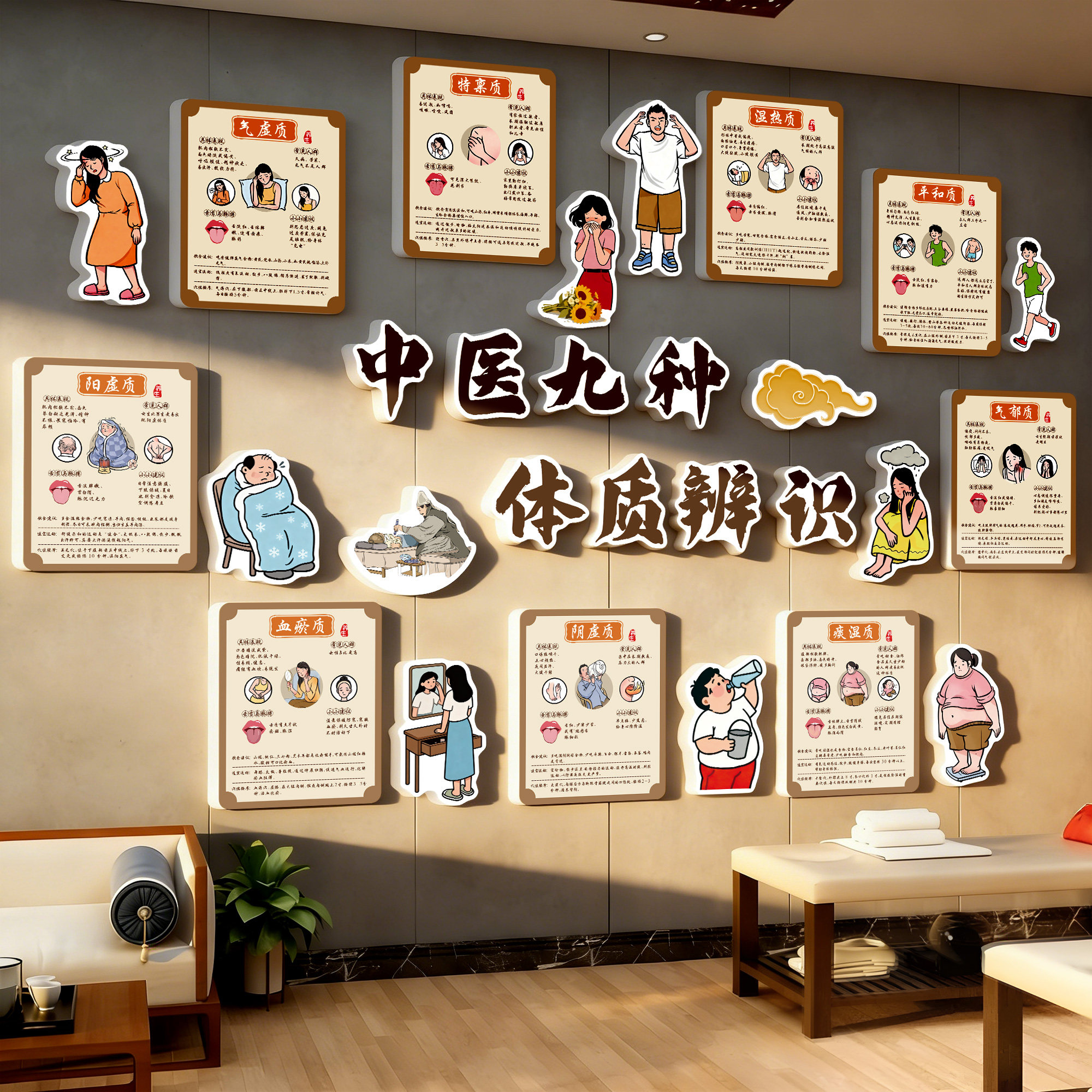 中医馆氛围布置九种体质辨识挂图养生馆装饰画艾灸文化形象背景墙,家居饰品,文化墙贴,淘宝优惠券,粉丝福利购,淘宝优惠卷