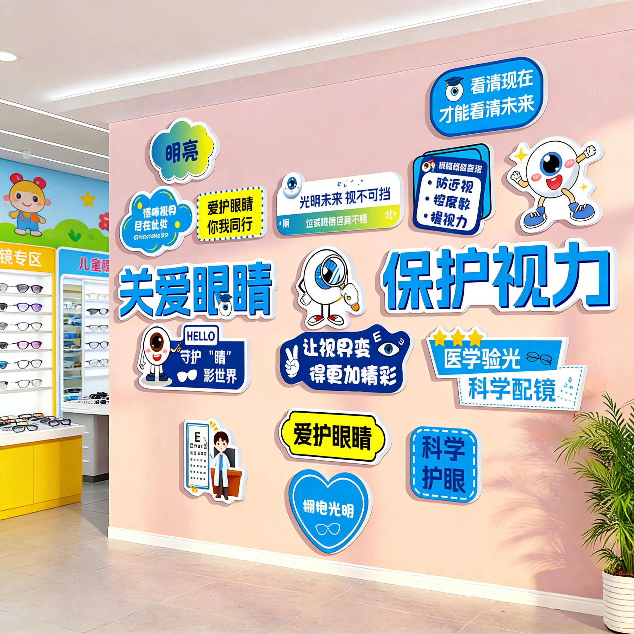 眼镜店墙面装饰画关爱眼睛文化背景广告海报科学护眼宣传形象墙贴