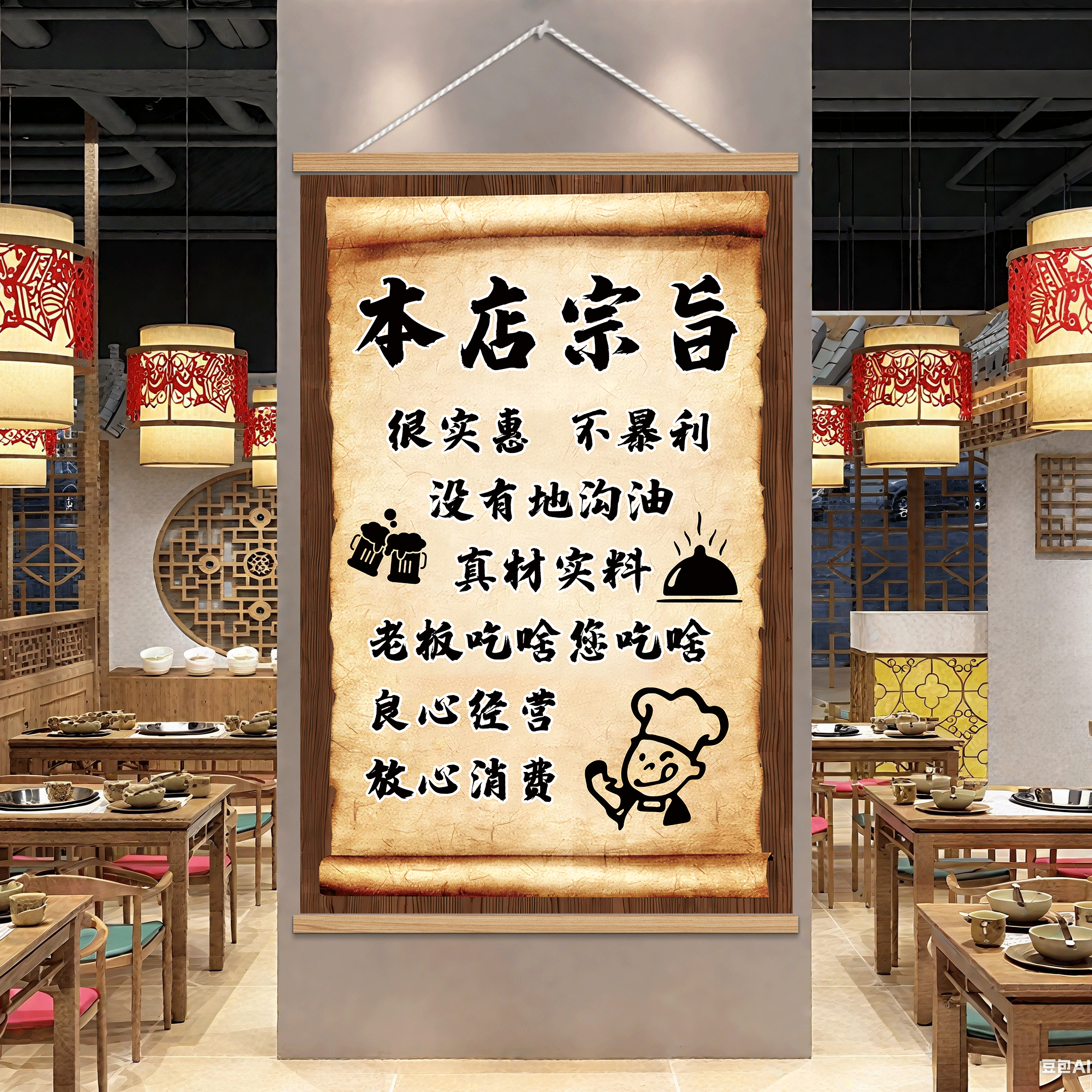 餐饮饭店墙面氛围布置挂画快餐馆火锅串串店市井风创意装饰背景布图片