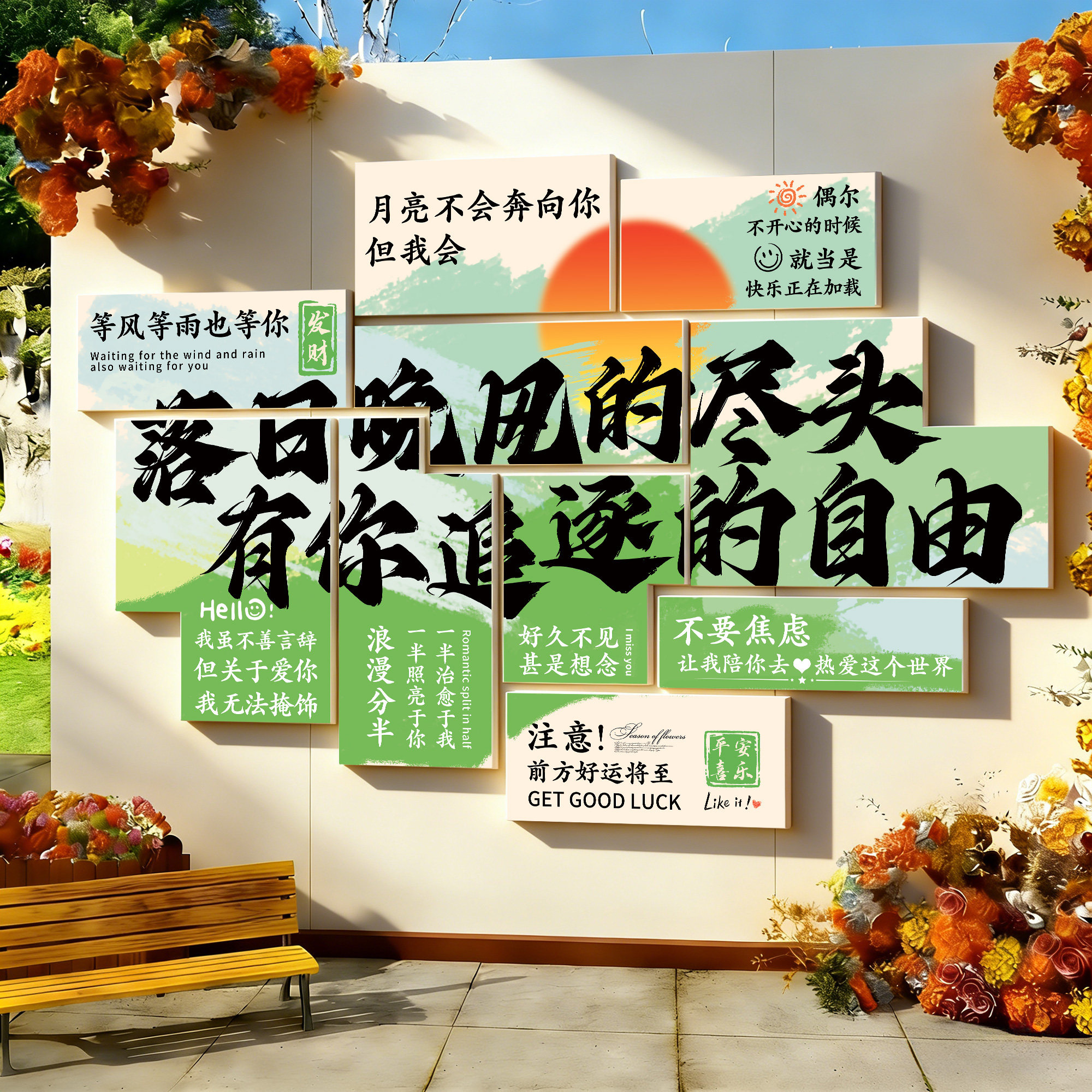 网红打卡墙拍照区户外露营风餐饮火锅奶茶店墙面装饰画形象背景墙