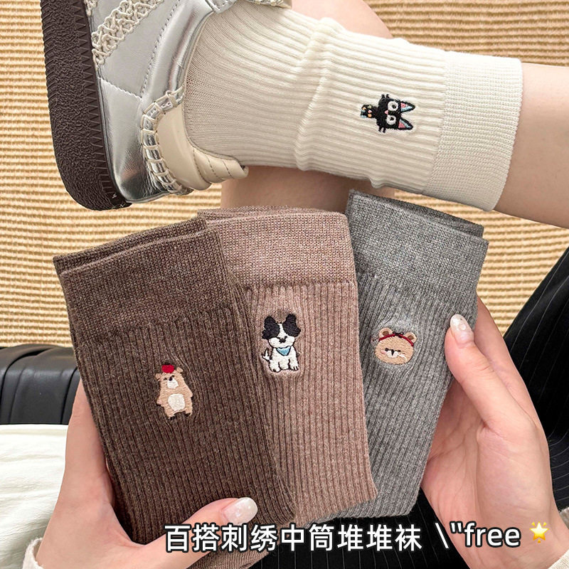 秋冬保暖刺绣堆堆中筒棉袜女款