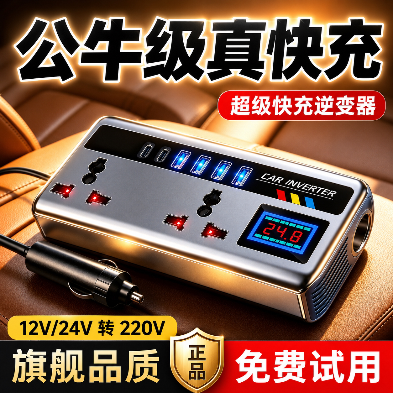 车载逆变器12V24V通用转220V智能快充货车电源转换器汽车充电器