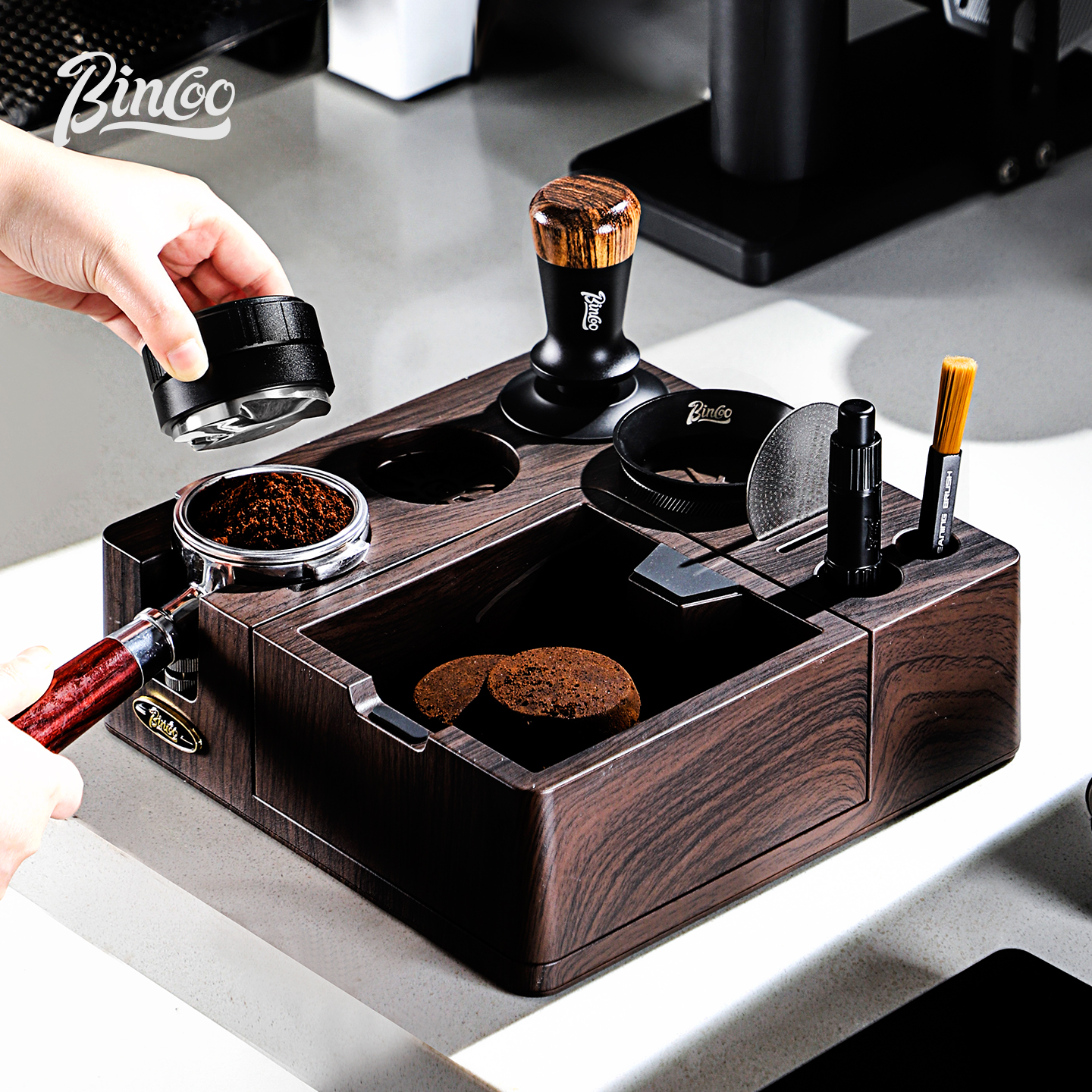 Bincoo木纹多功能咖啡压粉底座 意式压粉锤布粉器收纳敲渣盒套装
