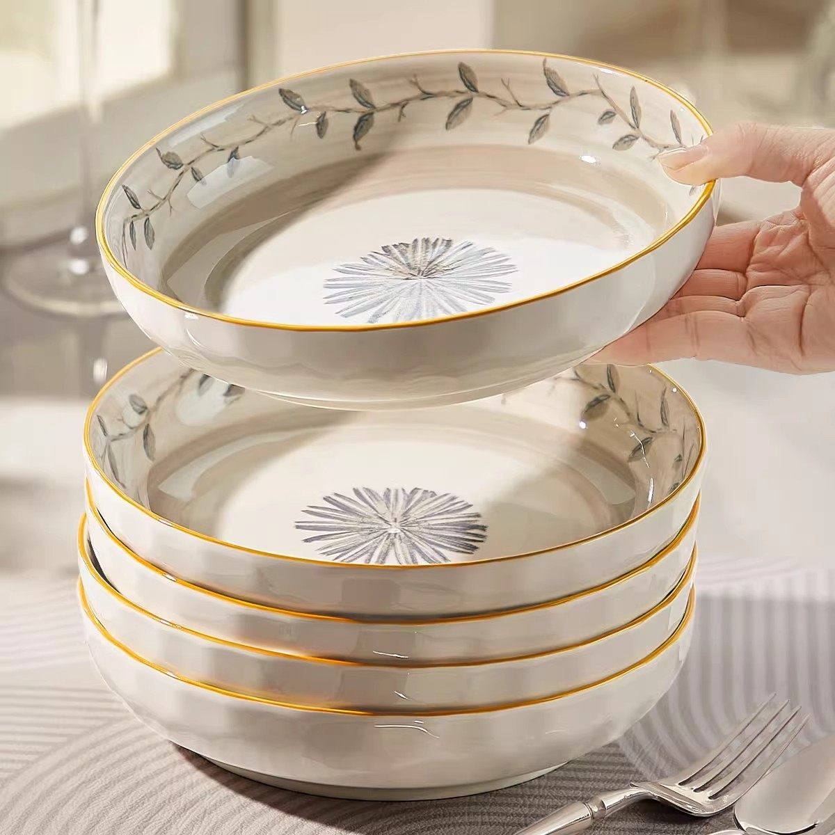 日式陶瓷盘子家用菜盘2025新款深盘汤盘釉下彩圆形菜碟子餐盘餐具,餐饮具,盘,淘宝优惠券,粉丝福利购,淘宝优惠卷