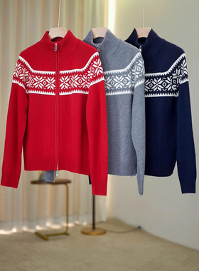 2515312-100%超细美丽诺羊毛费尔岛提花半高领双头拉链针织毛衣款