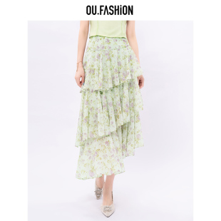 OU.FASHION 欧点碎花不规则荷叶边百搭a字半身裙长裙6112320117