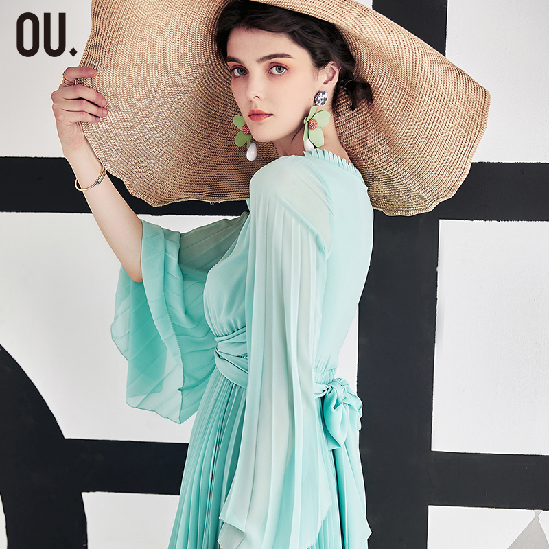 【商场同款】OU.FASHION/欧点百褶仙美长袖雪纺连衣裙1201133021