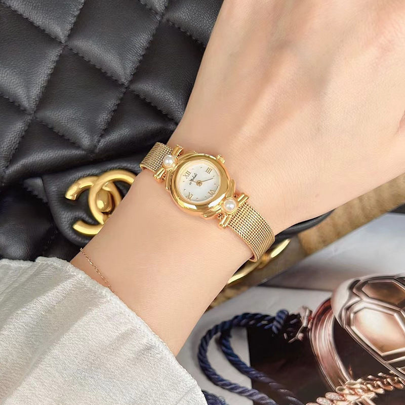 米莉莎Mishali新款珍珠手表女复古金色麦穗网带气质简约小巧22070