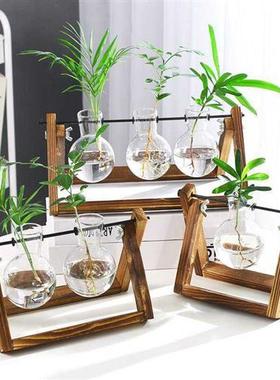 淘新惠创意烧杯水培木架容器绿萝植物玻璃花瓶办公室桌面摆件插花