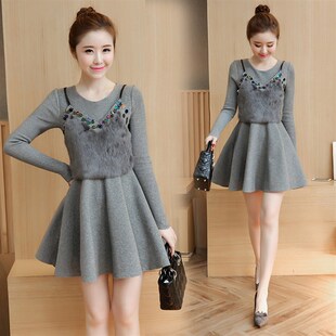 秋冬季韩版气质长袖加厚中长款毛呢连衣裙a型冬天显瘦.打底冬裙女