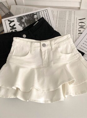 女童白色牛仔半身裙宝n宝荷叶边蛋糕裙2024春秋新款儿童松紧腰短