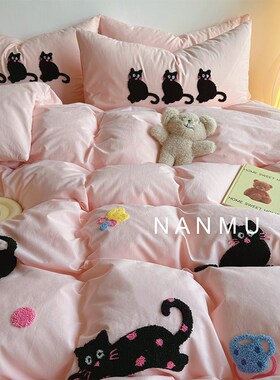 心动卧室可爱黑色猫咪全棉水洗棉四件套粉色少女心纯棉X18m床笠