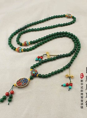 长款国风斜挎链碧绿圆珠串珠项链新中式流苏挂坠毛衣链百搭民族风