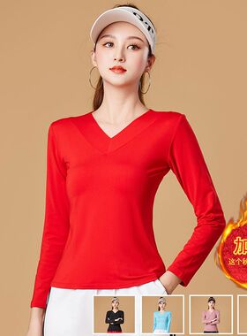 广场舞服装长袖上衣牛奶丝加绒v领D练功服女新款拉丁舞跳舞服运动