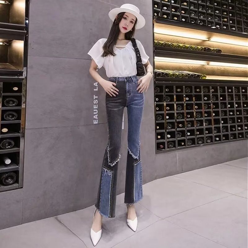 高腰喇叭裤女f显瘦休闲长裤2024春季新款时尚拼色牛仔裤百搭微喇