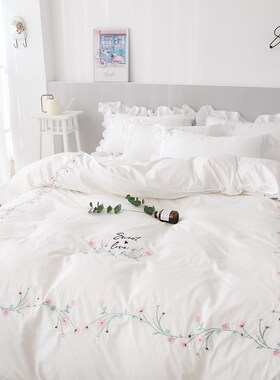 公主风白色床裙款床上四件套少女心全棉纯棉10S0床单被套网红款