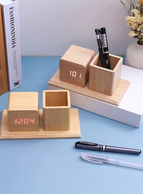 简约电子笔筒闹钟学生创意台钟多功能H闹钟夜光儿童床头钟桌面