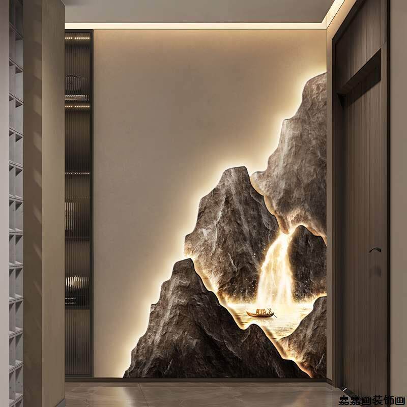 流水生财入户玄关装饰画正对门走廊过道挂画轻奢高级感山水画壁画