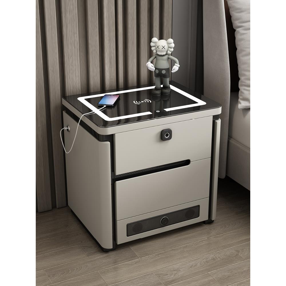 W7智能床头柜轻奢简约现代烤漆实木新款多功能创意带灯一体无线充