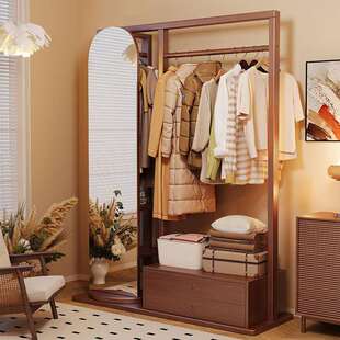 实木衣帽架穿衣镜一体落地卧室带镜子挂衣架多功能房间收纳置物架