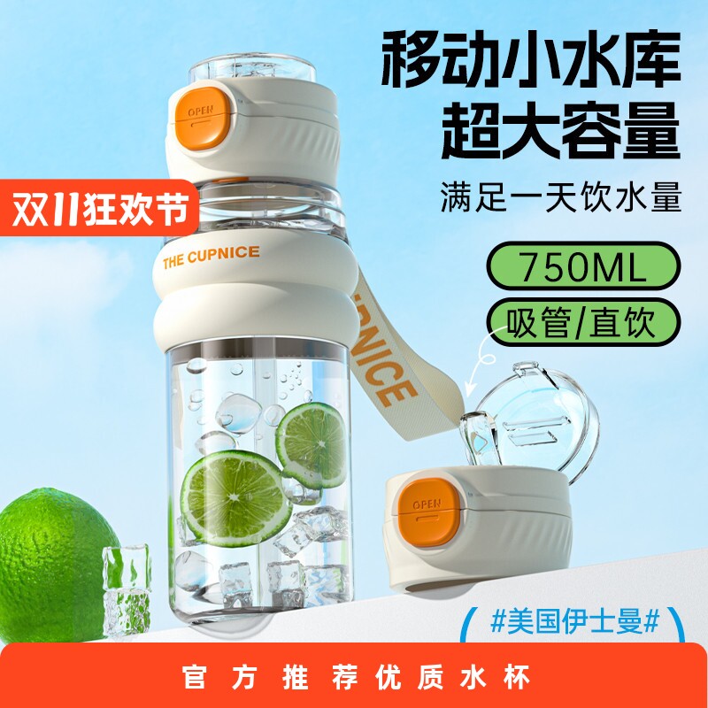 进口tritan运动水杯带吸管男女大容量水壶健身夏季耐高温太空杯子
