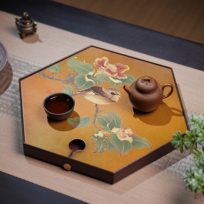 家用六边形茶盘山茶宿鸟图复古黄铜高档功夫茶具蓄排两用铜彩烧色