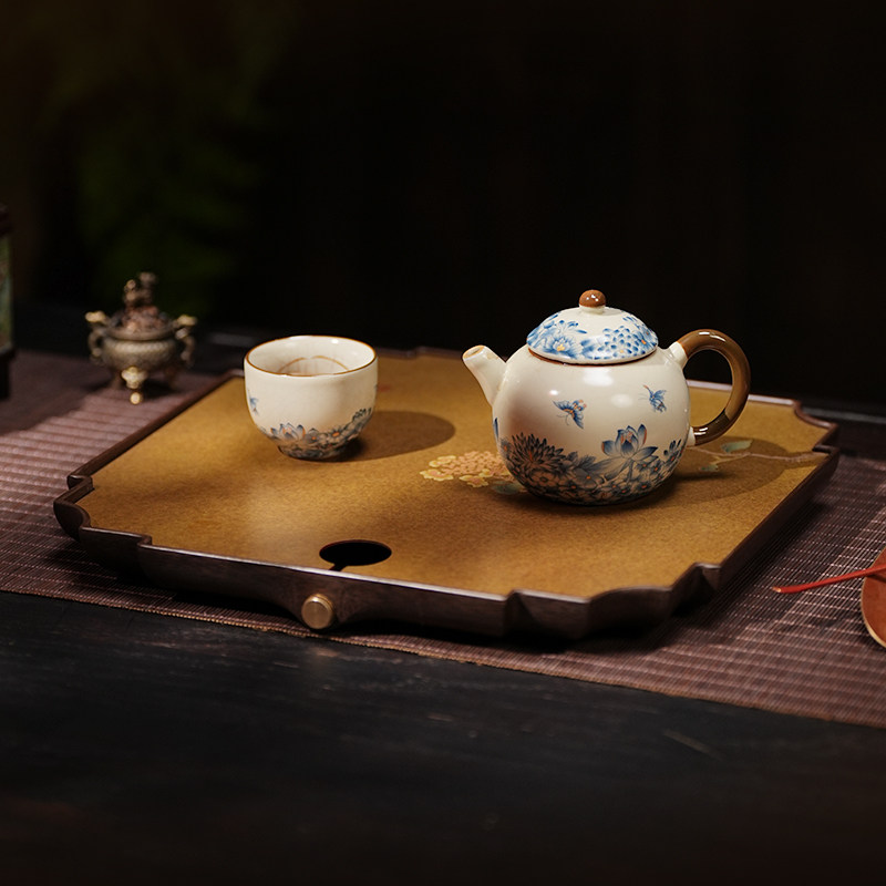 中式四菱花窗黄铜茶盘手工铜彩烧茶托盘双面诗意宋画茶承高端茶礼