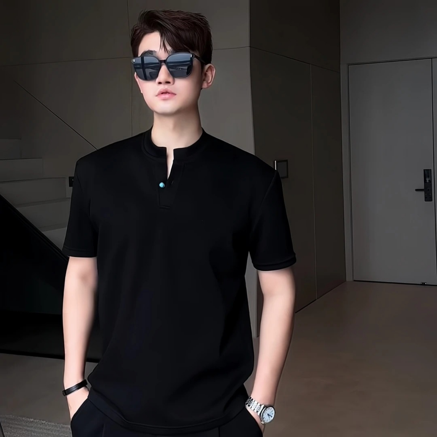 新款春夏季老钱风亨利领透气宽松时尚百搭绿松石轻奢短袖T恤男款