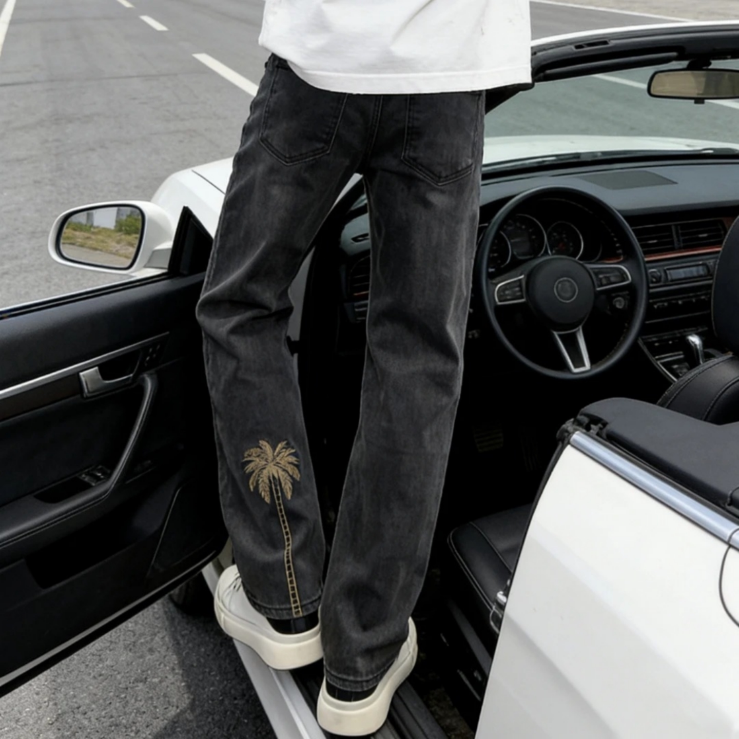 爆款椰子树刺绣美式直筒牛仔裤男秋冬做旧黑灰色潮牌百搭时尚长裤