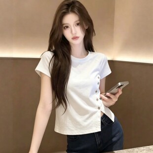 欧货夏季正肩圆领修身显瘦小个子单排扣短款小众短袖T恤上衣女潮