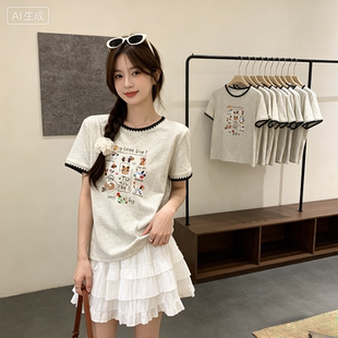 温柔风夏季正肩圆领花边拼接撞色小飞袖减龄小个子短袖T恤上衣女