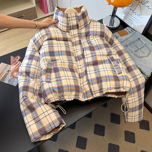 香芋紫ins拼接格纹设计洋气新款2025秋冬学生立领加厚保暖面包服