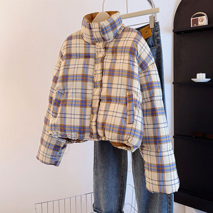 香芋紫ins拼接格纹设计洋气新款2025秋冬学生立领加厚保暖面包服