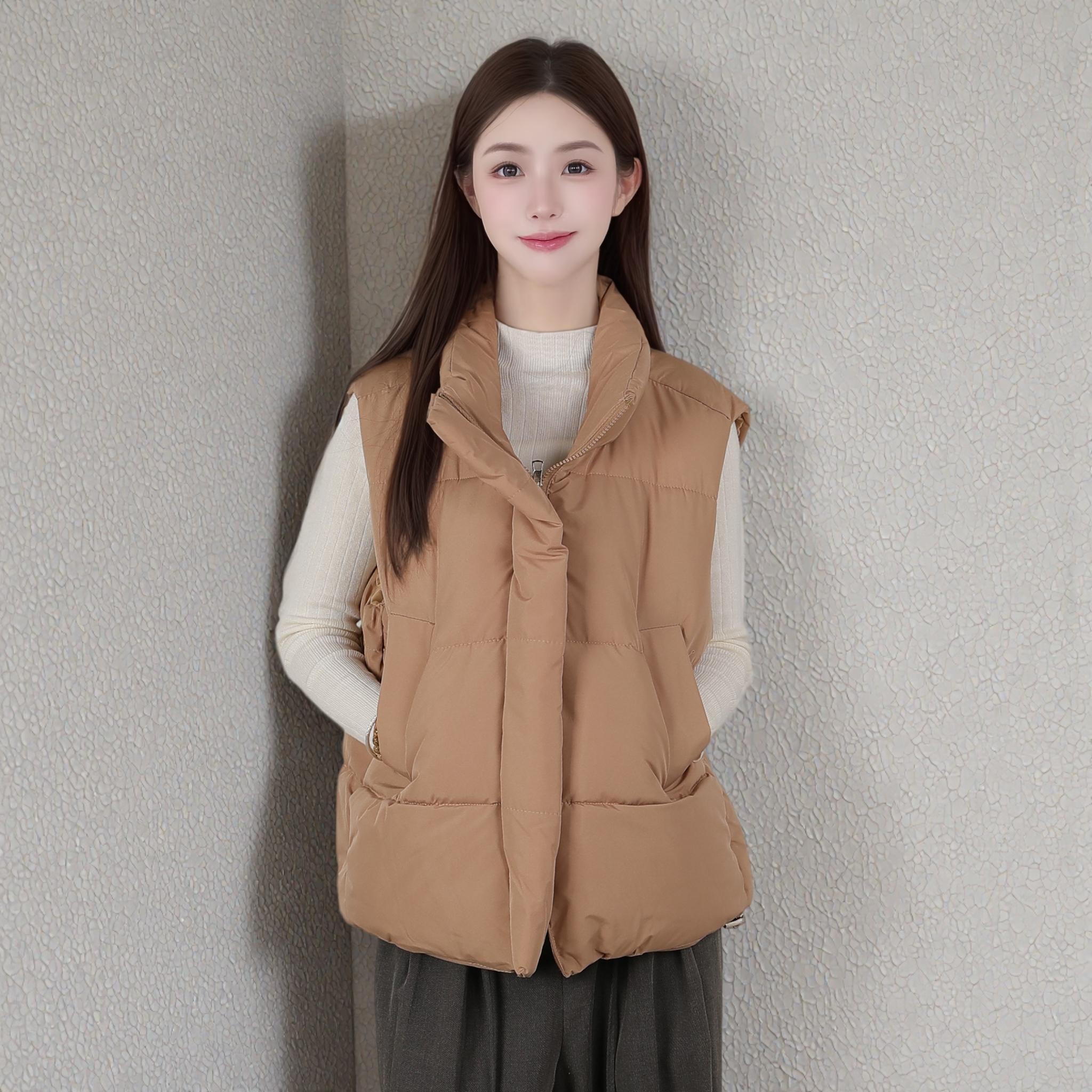 桔红色韩系百搭马甲外套新款秋冬2025坎肩无袖学生加厚保暖棉背心