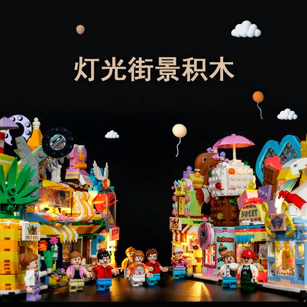 新款森宝灯光系列南瓜蛋糕水果冰淇淋理发店屋街景拼装小颗粒积木
