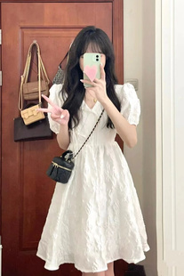 温柔韩版 孕妇夏装 新款 白色v领泡泡公主蓬蓬连衣裙法式 小个子裙子