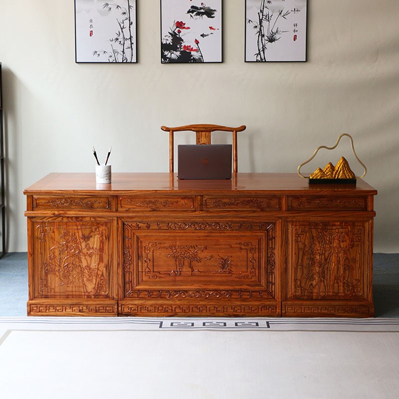 中式实木2.6米老板桌大班台仿古办公桌榆木书桌椅组合书房家具