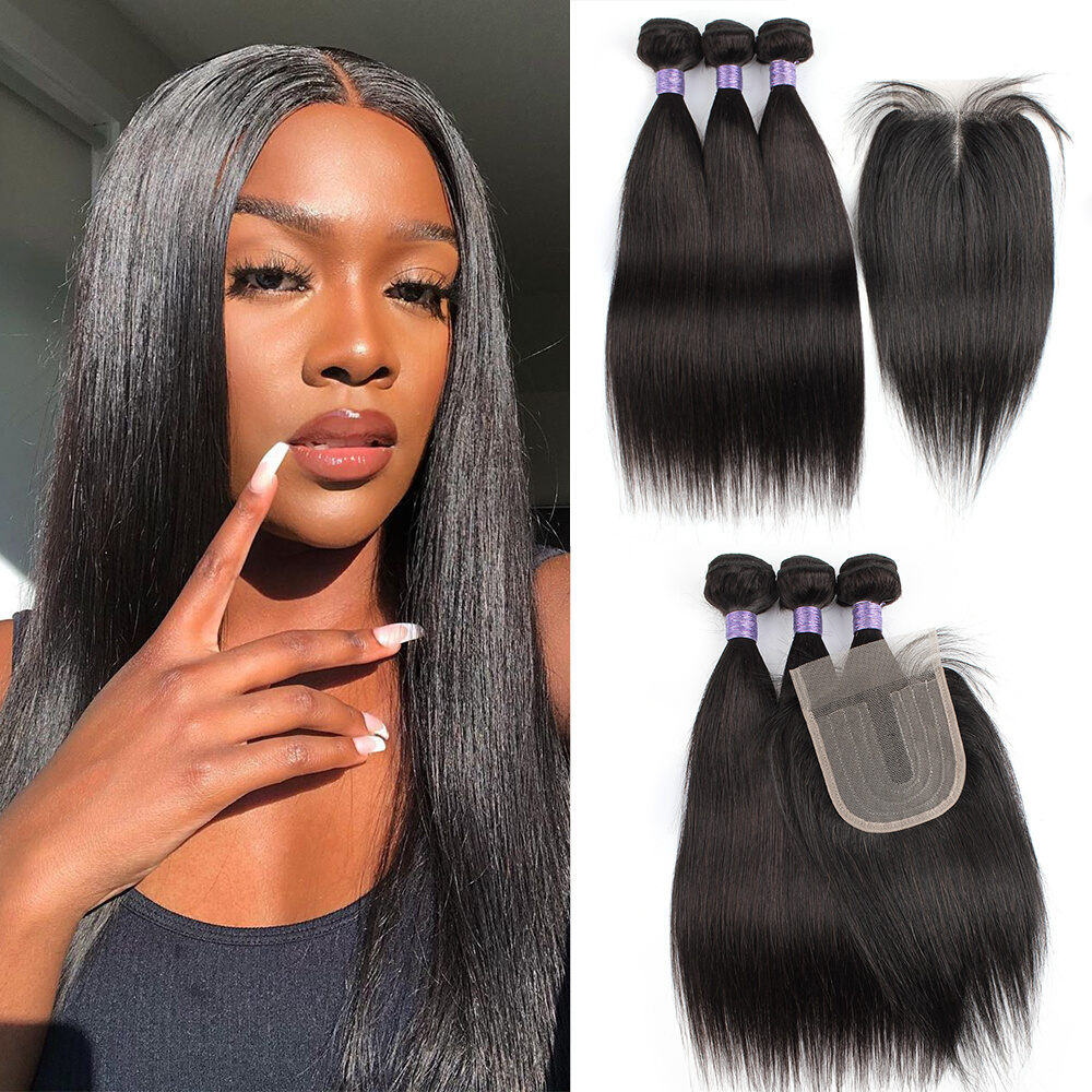 Natural color hair bundles with closure straight 200g/set Br