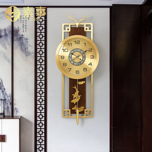饰挂钟创意静音时钟实木万年历钟表 新中式 黄铜鹿头挂钟客厅墙壁装