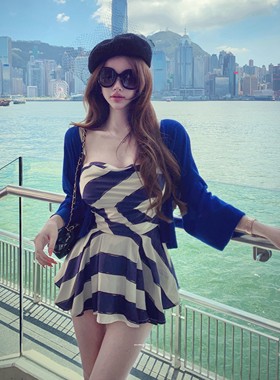 9/5 bewithRosey【古早港女】缎面条纹吊带宝蓝开衫套装