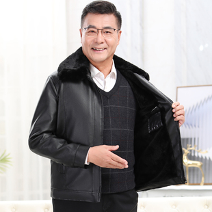 爸爸皮衣加絨加厚中年秋冬v裝 爺爺中老年人老爸皮夾 冬季 外套男士