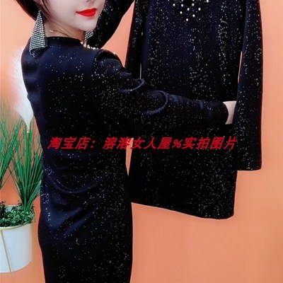 2021冬季新款亮晶晶加绒交叉带V领重工铆钉连衣裙时尚洋气打底裙