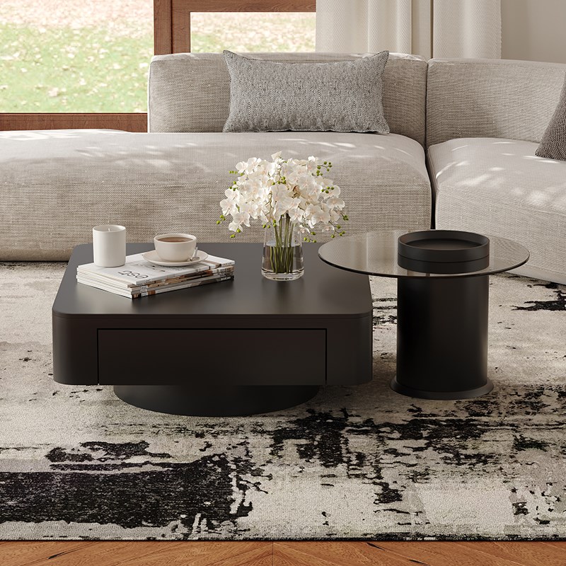 轻奢现代简约黑色岩板茶几家用客厅小户型桌子高级感茶桌茶几组合