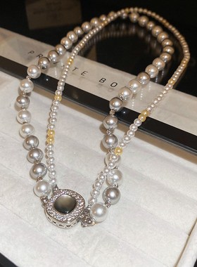 锆石多层几何珍珠项链时尚轻奢气质锁骨链复古通勤百搭颈链女