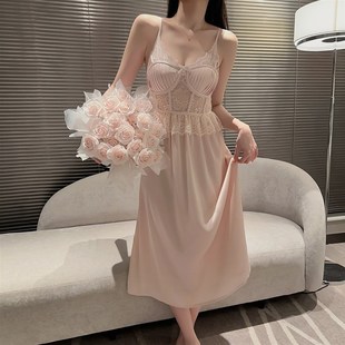 夏季 宫廷风X睡裙睡袍套 新款 睡衣女温柔粉色冰丝吊带胸垫蕾丝法式