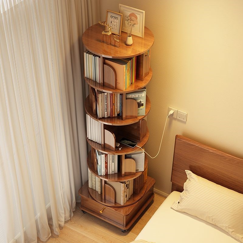 实木旋转书架360度一体靠墙可移动不占地床头落地置物架转角书柜