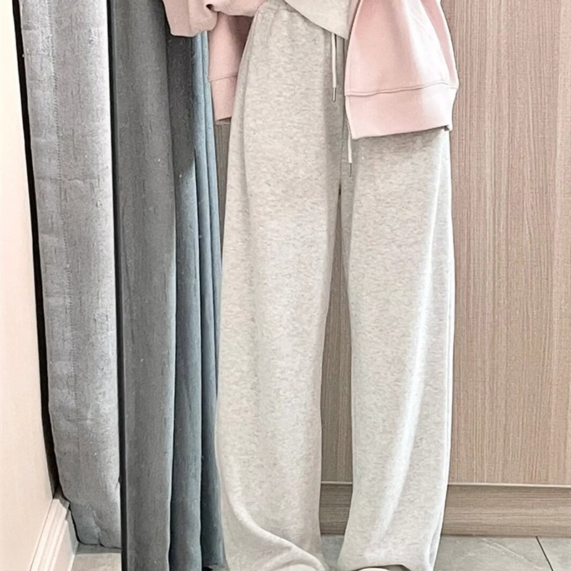 灰白色运动裤女大码梨形身材遮胯显瘦宽松卫裤阔腿直筒休闲裤子春