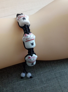 陶瓷姓名手链可调节刻字定制名字招财猫学生情侣七夕情人节日礼物