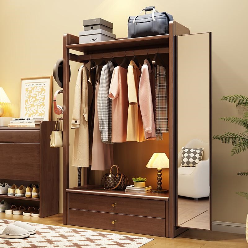实木挂衣架穿衣镜一体落地卧室带镜子衣帽架多功能衣服收纳置物架